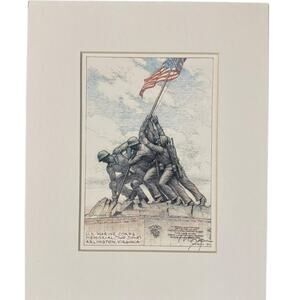 Print US Marine Memorial Iwo Jima Arlington by Frank Morgan Pencil Signed